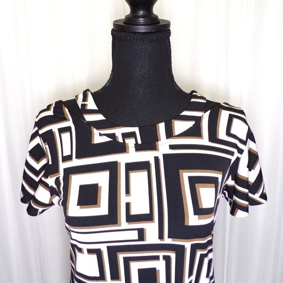 Chico's Midi Shift Dress Womens 0 US 4 Small White Brown Black Cold Shoulder Mod - Picture 3 of 12